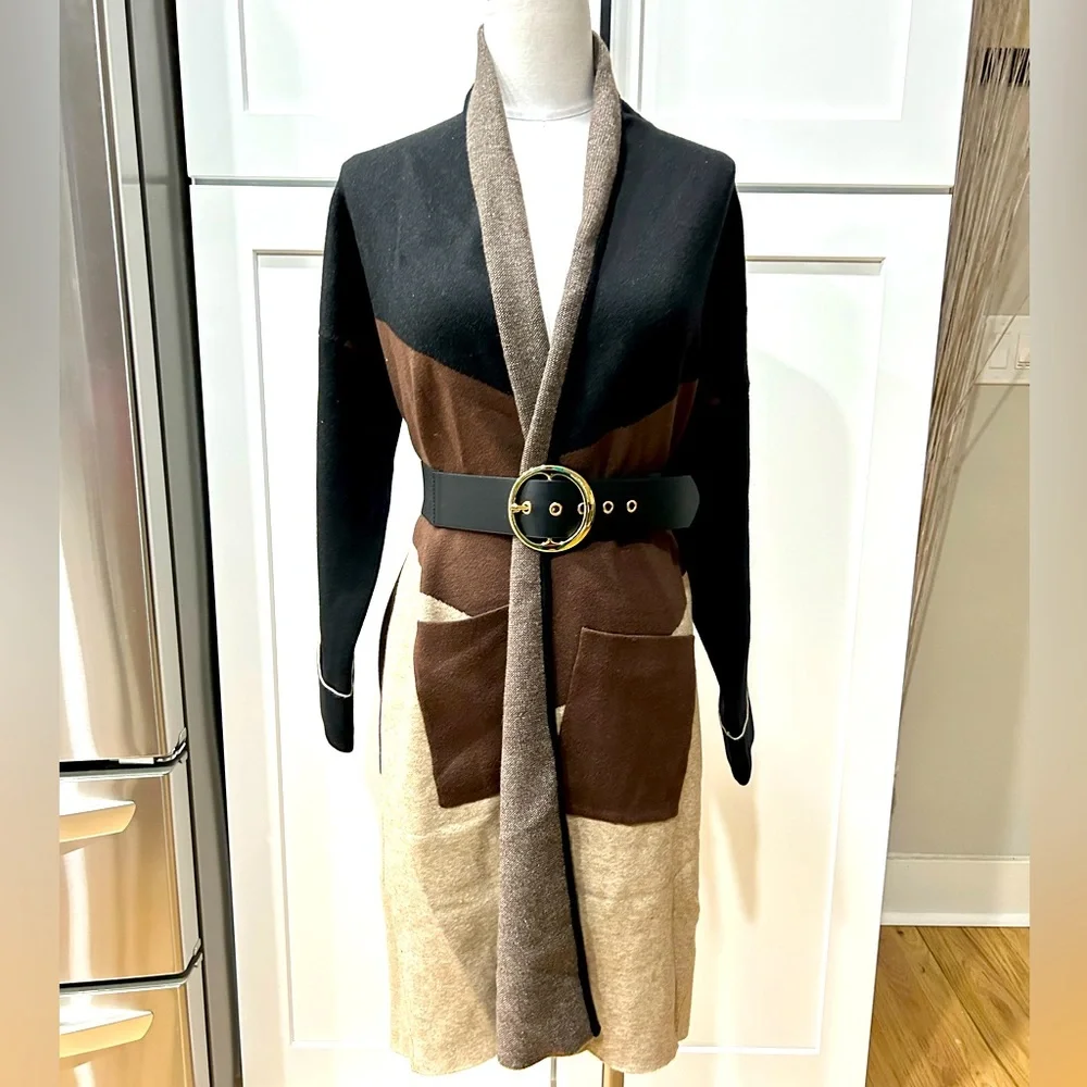 NWT Dor Dor Couture Open Geometric Print Sweater Coat w/Pockets